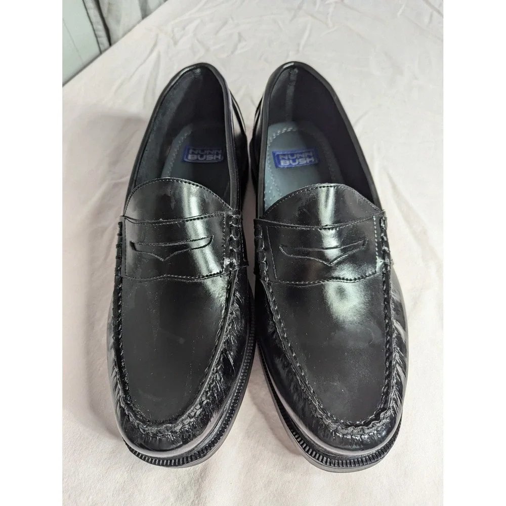 Nunn Bush mens loafers shiny black dress slide on shoes 12W leather uppers 85538